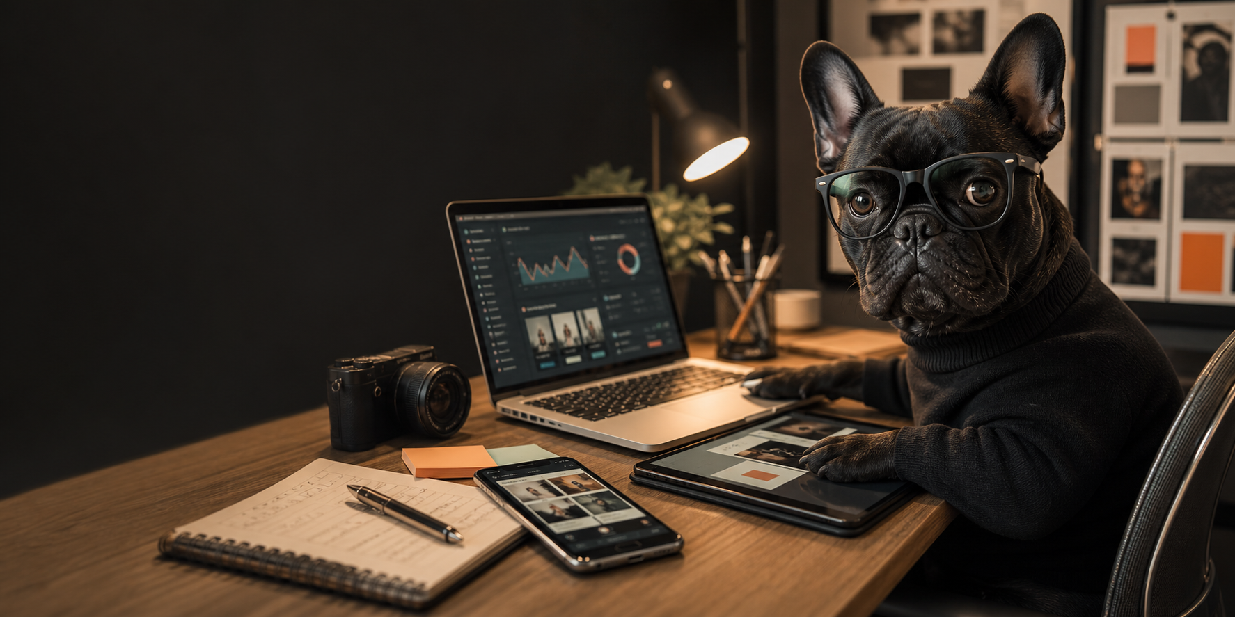 A smart black French bulldog wearing glasses and working at a digital media desk.